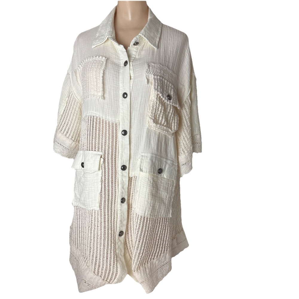 POL Patchwork Short Sleeve Women's tunic Button Up Shirt L/XL cotton semi sheer